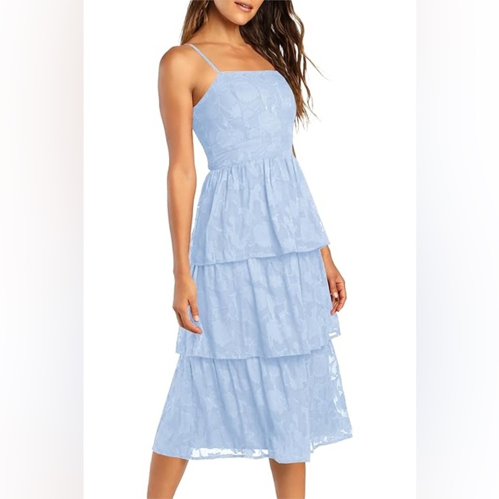 Blue Floral Burnout Tiered Midi Dress